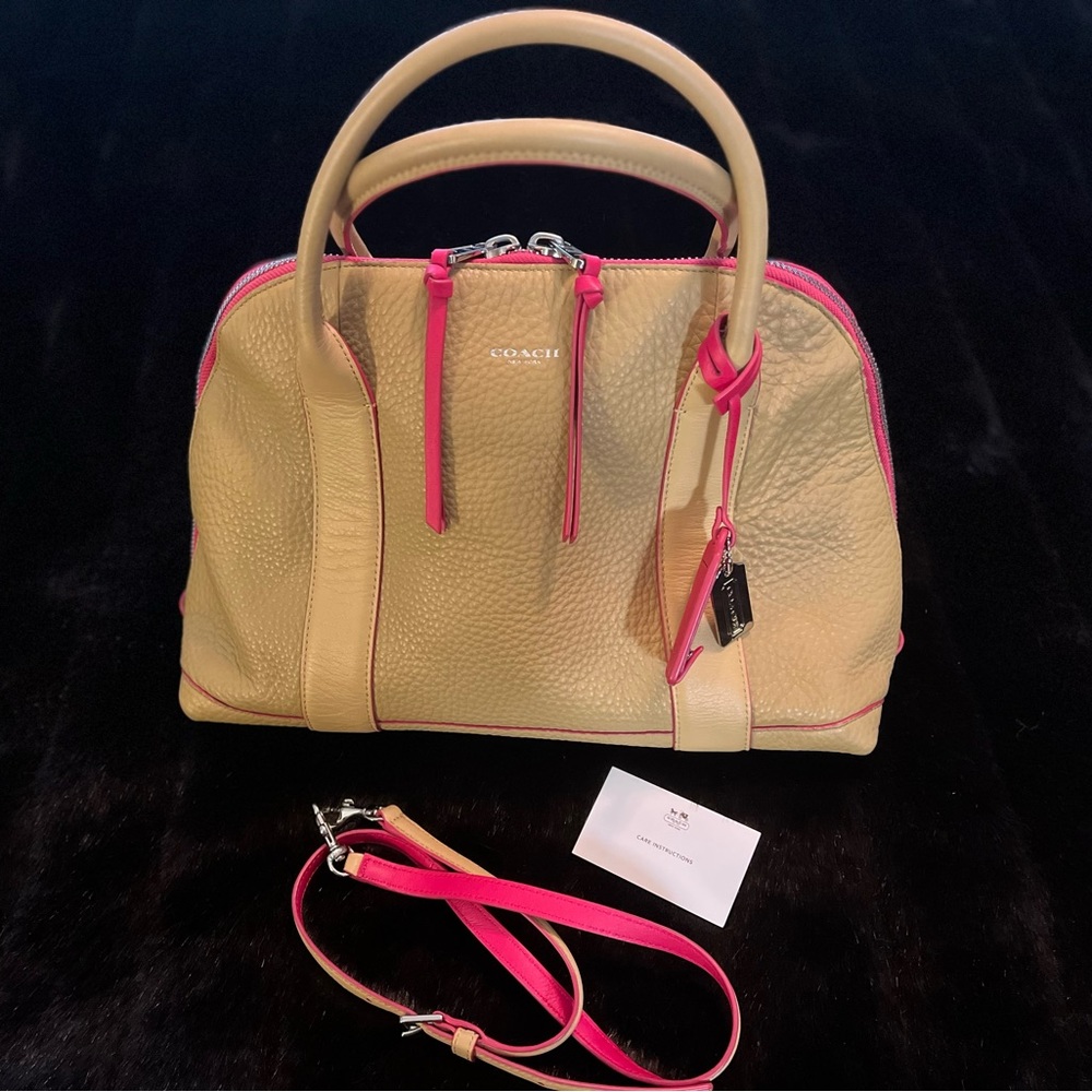 Large Coach Bleeker Domed Pebbled Leather Tan and Pink Purse Bag Great Condition